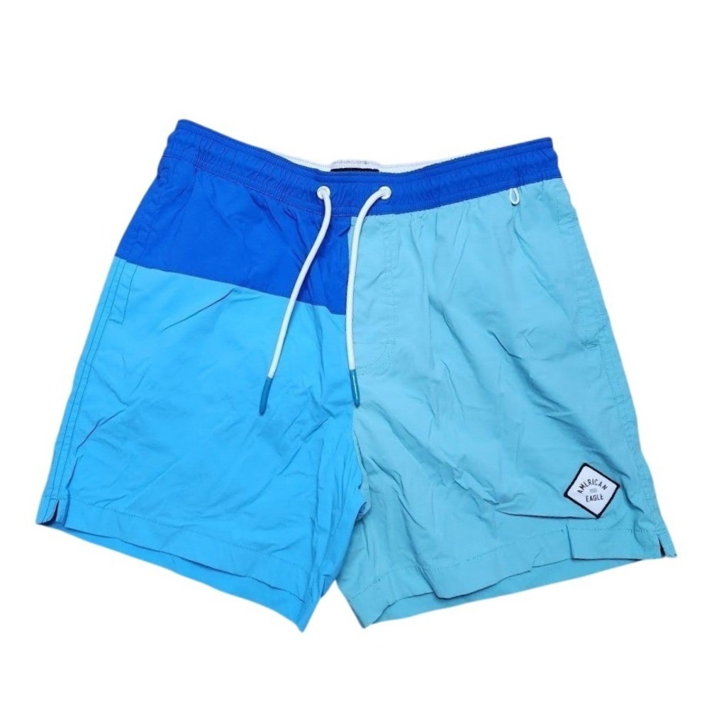American Eagle Men's Blue Colorblock Swim Trunks Mesh Lined Medium F59
